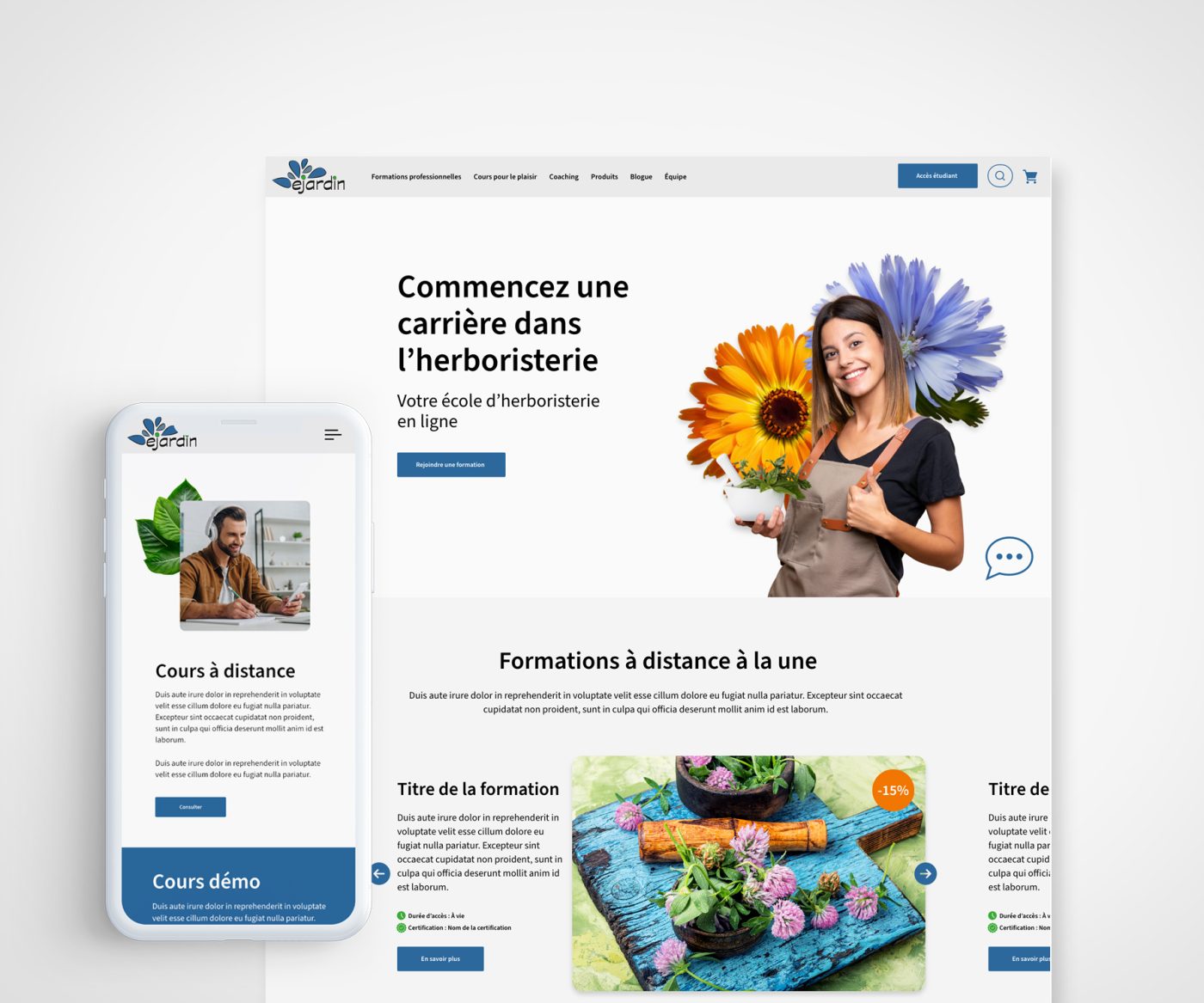 Site eJardin du portfolio, montré en versions bureau et mobile