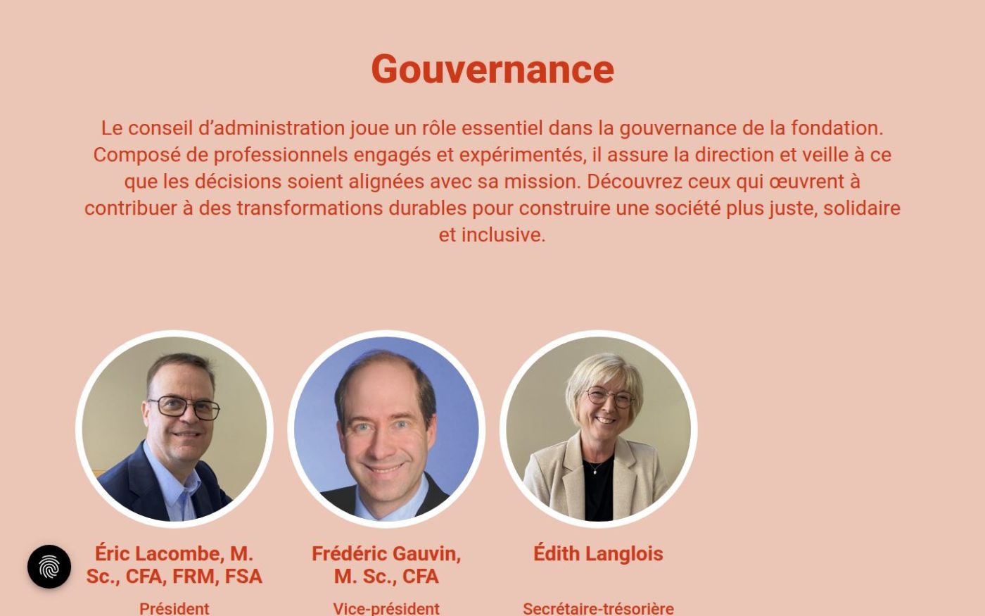 La section Gouvernance de fondationeulalierose.org : le conseil d'administration et l'équipe