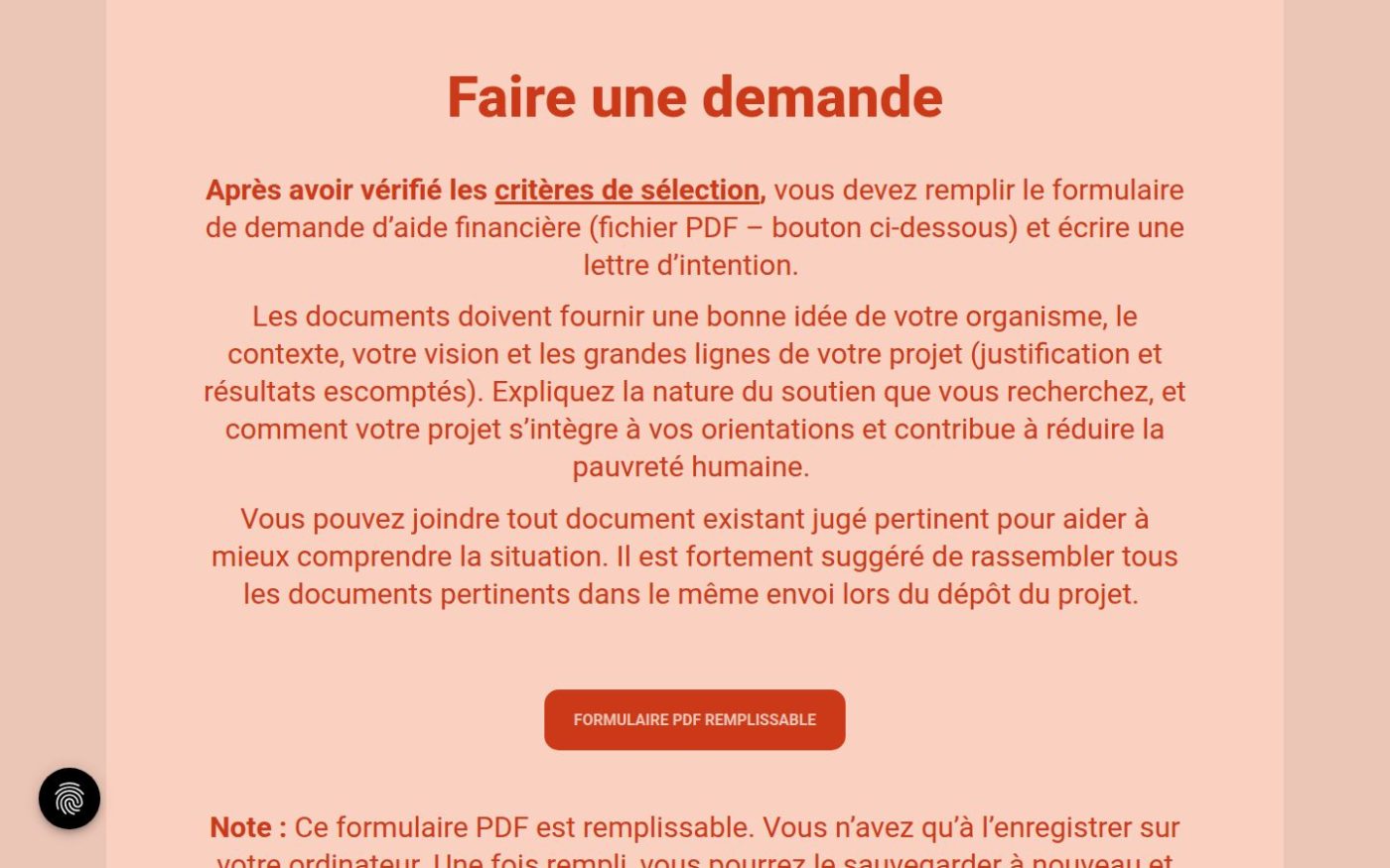 La page Demande de soutien de fondationeulalierose.org : les critères, la politique et le formulaire