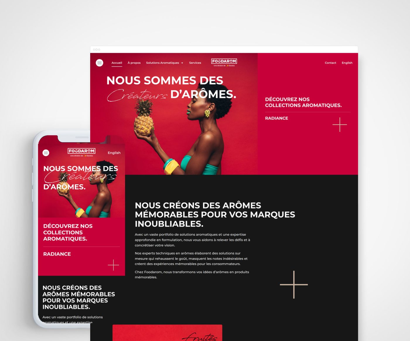 Site de Foodarom, montré en versions bureau et mobile