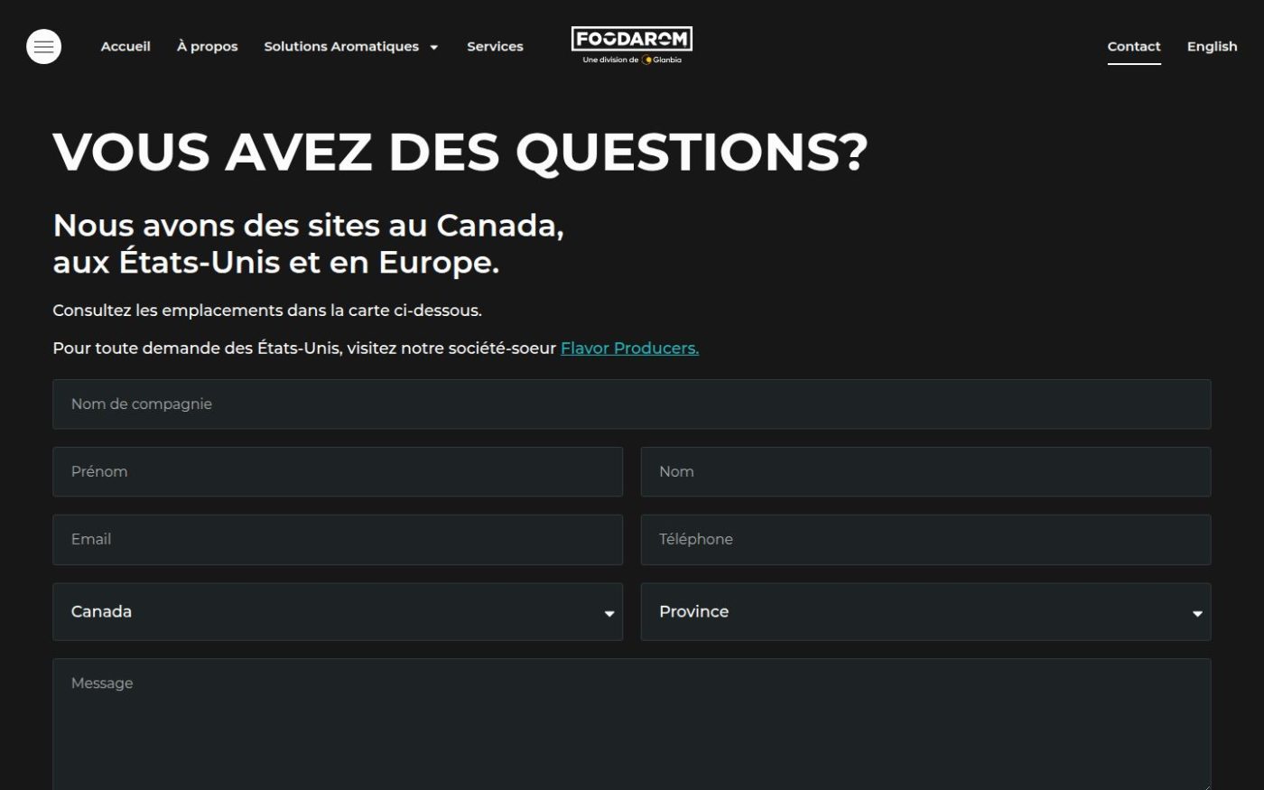 La page Contact de foodarom.com : demande d'information et demande d'échantillon