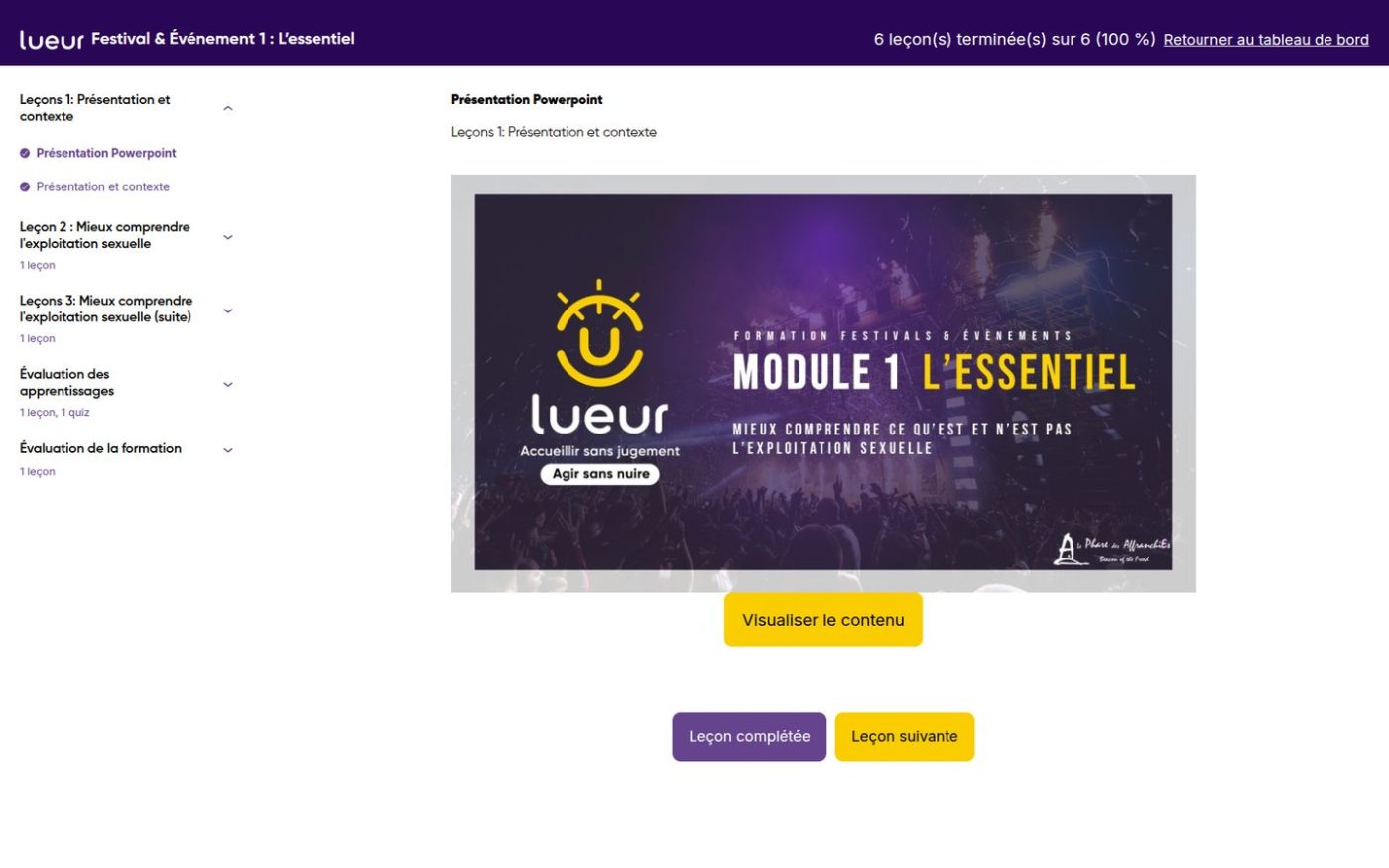 L'espace membre de programmelueur.ca : les modules de la formation, les leçons cochées et le décompte d'avancement