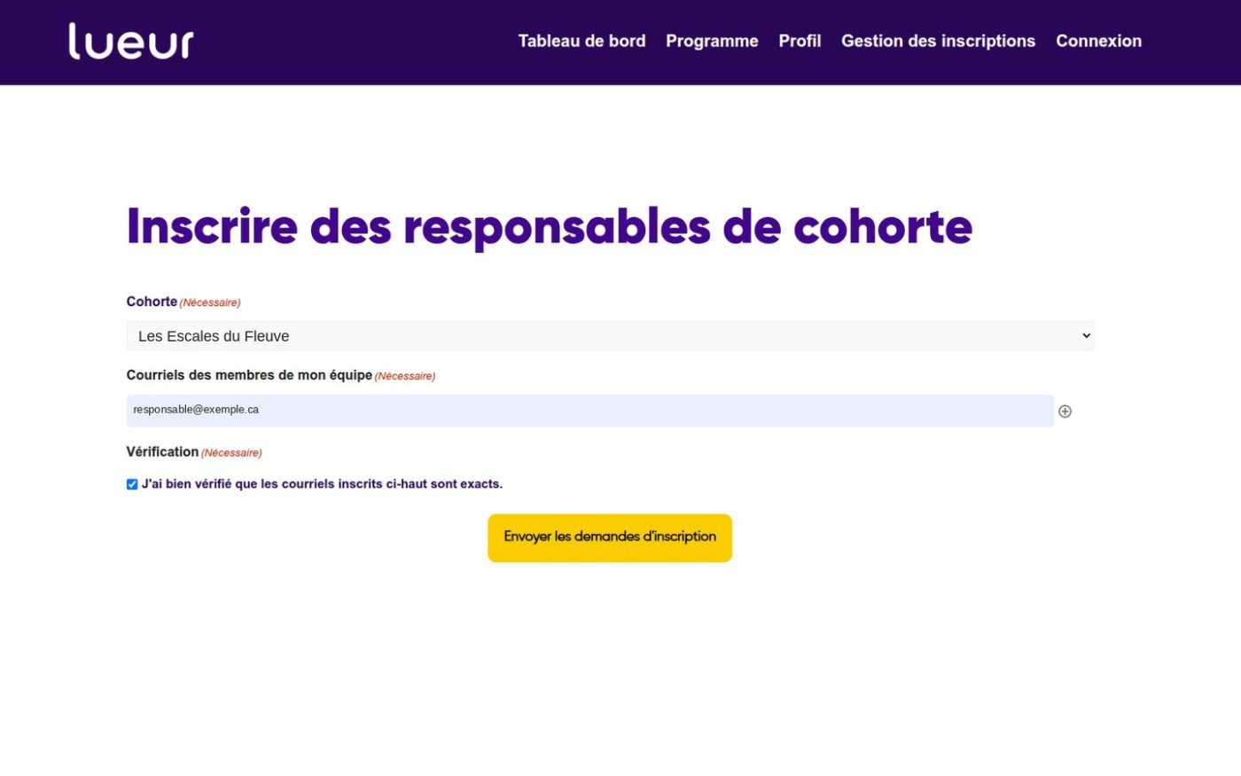 La gestion des inscriptions de programmelueur.ca : un responsable inscrit son équipe dans sa cohorte