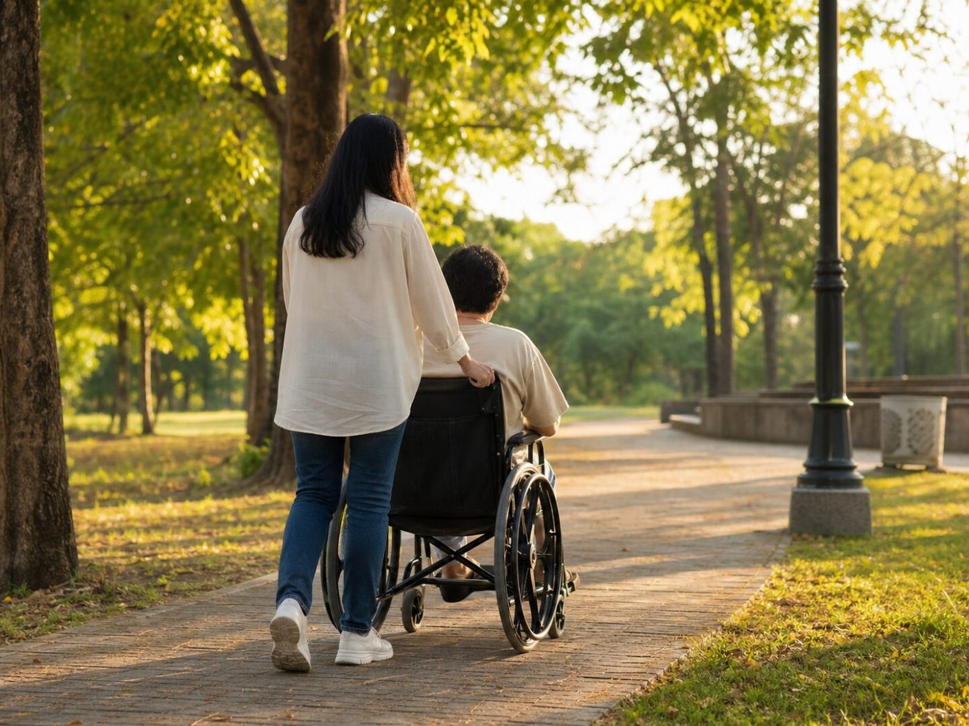 Bénévole accompagnant une personne en fauteuil roulant dans un parc ensoleillé, vues de dos