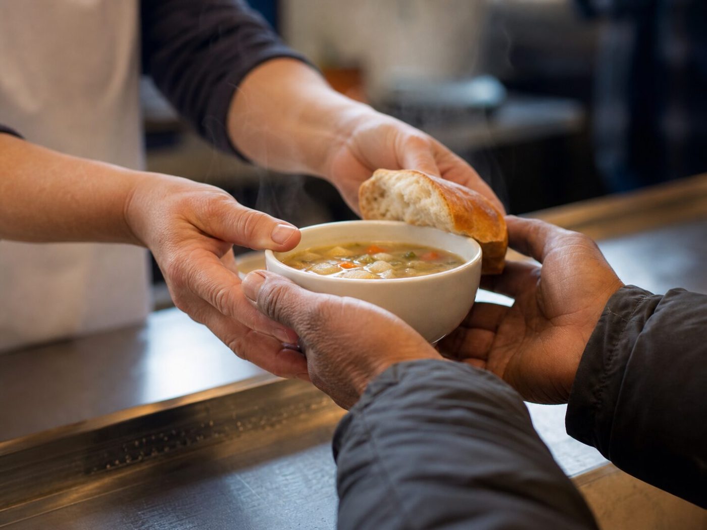 Des mains de bénévole tendent un bol de soupe chaude et du pain par-dessus un comptoir de repas communautaire