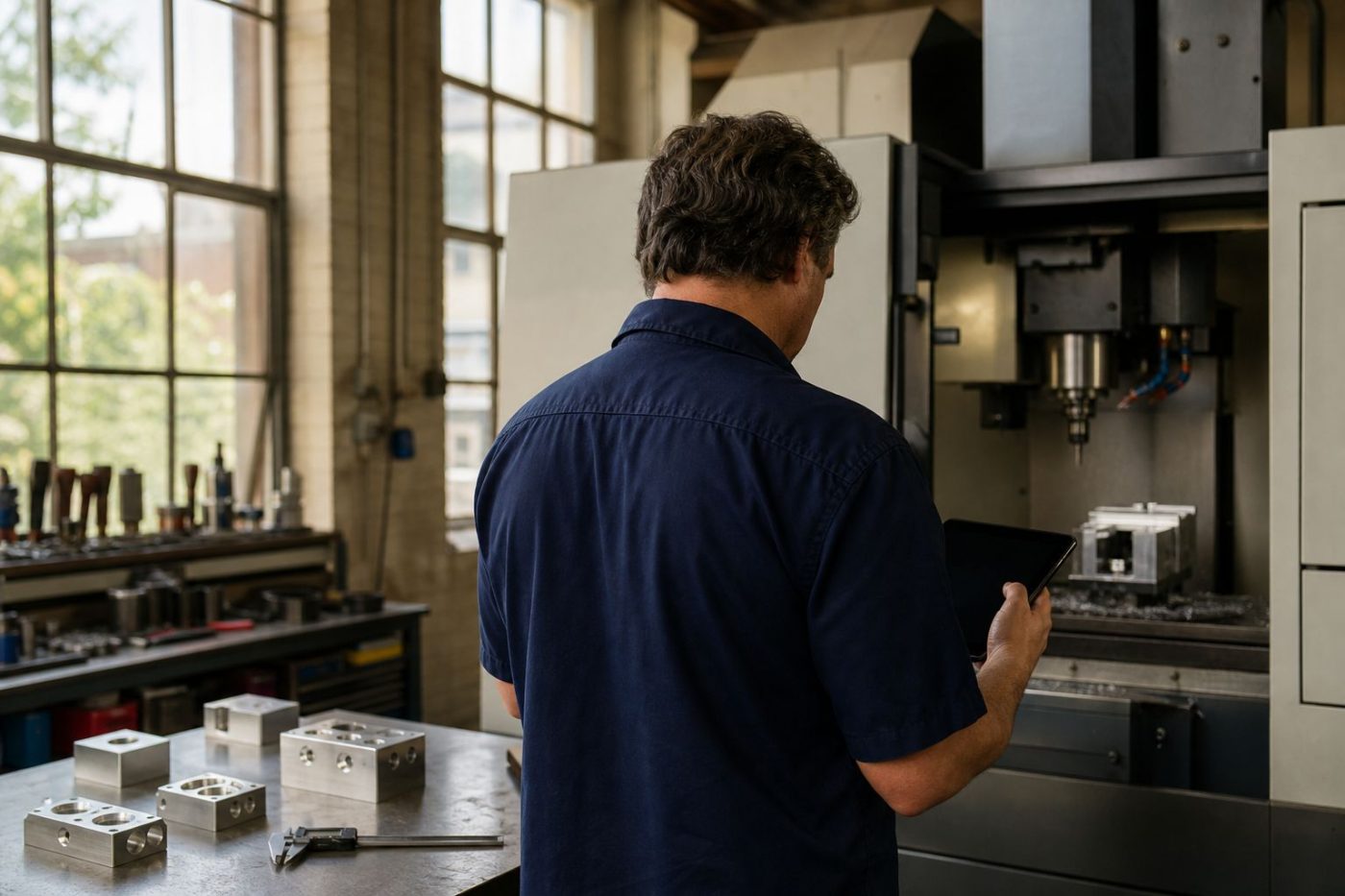 Vu de dos dans son atelier, un chef d'entreprise consulte une tablette devant une machine-outil à commande numérique