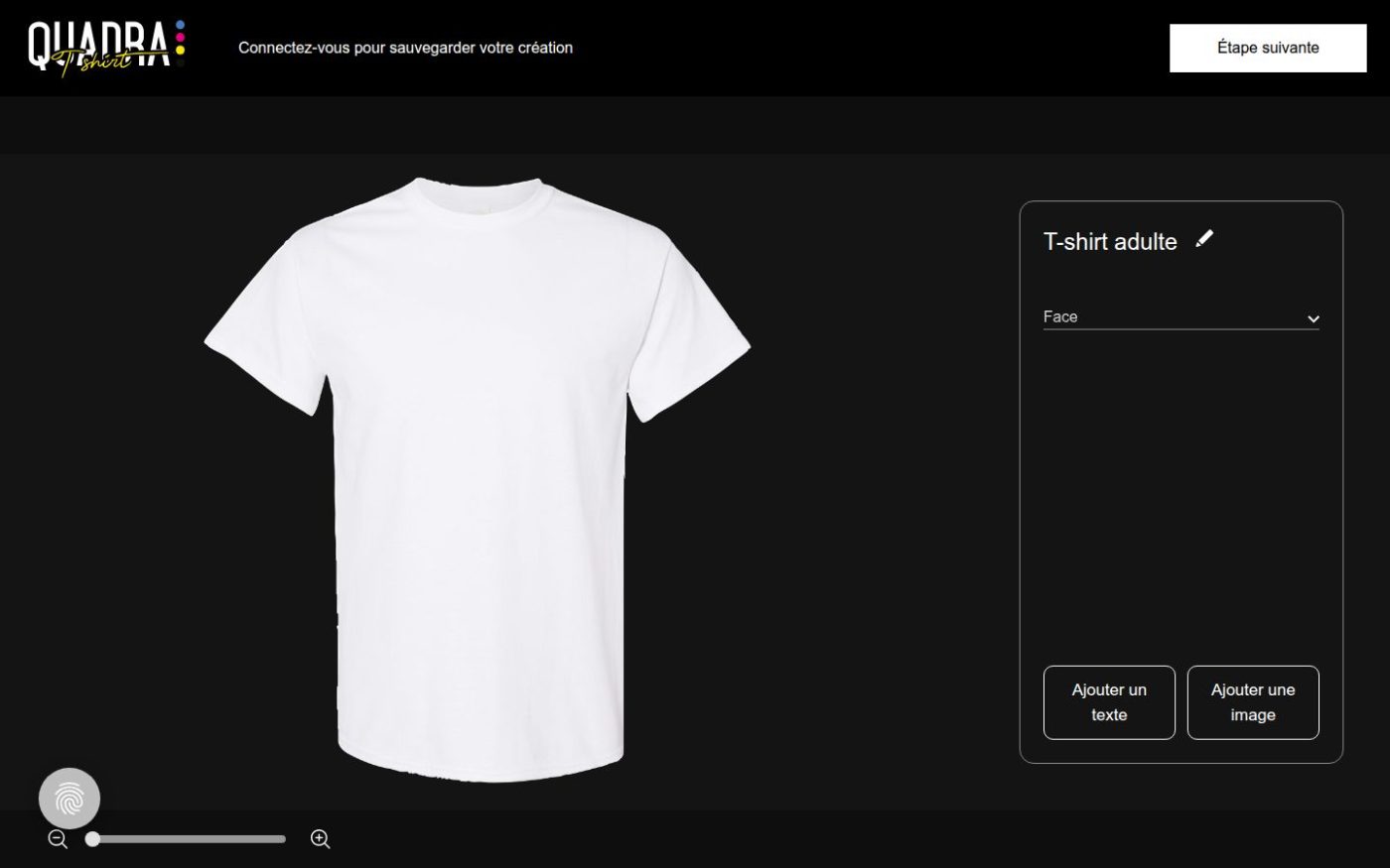 Le canevas de quadratshirt.ca : choisir la face du vêtement, puis ajouter un texte ou une image