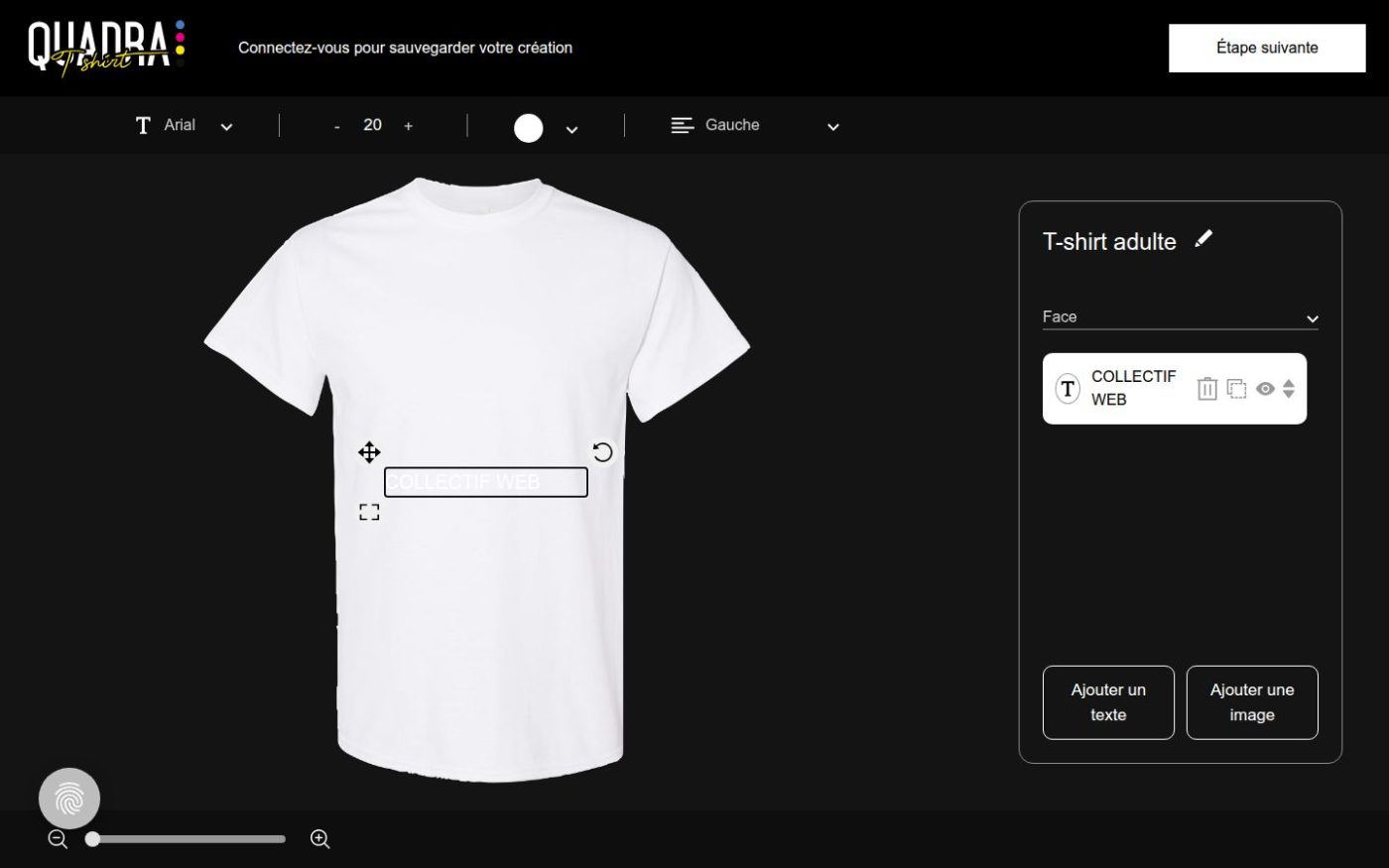 L'éditeur de quadratshirt.ca : un texte posé sur le chandail, avec sa police, sa taille et sa couleur