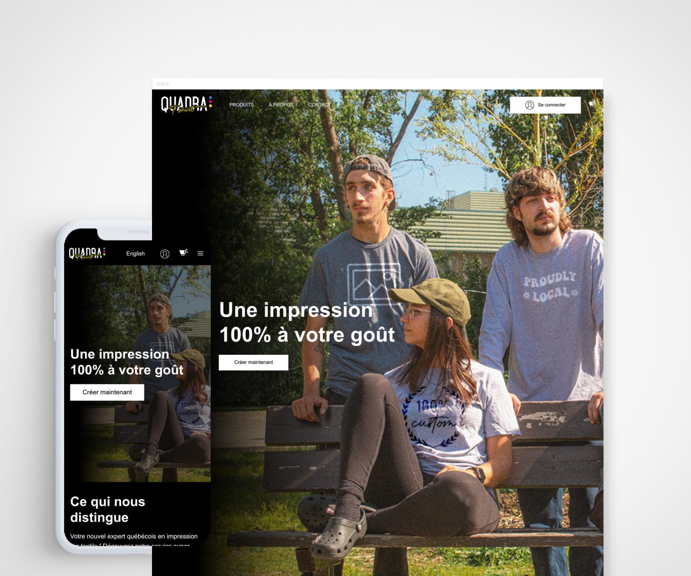 Boutique de Quadra T-shirts, montrée en versions bureau et mobile