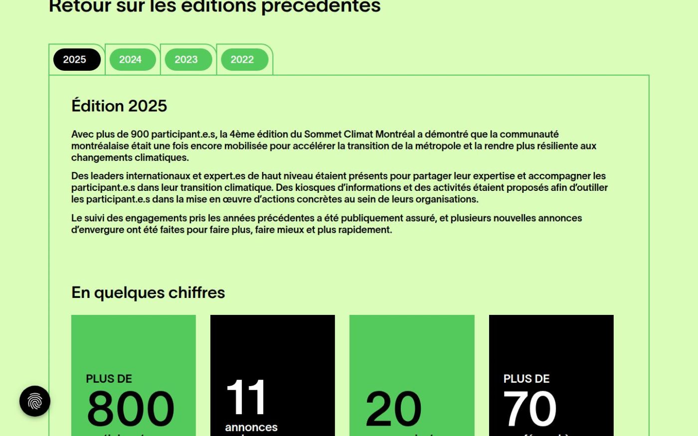 La section Éditions précédentes de sommetclimatmtl.com : chiffres clés, photos et vidéos par année